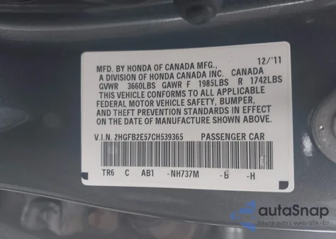 2012 Honda Civic Lx из США, поврежденный, VIN 2HGFB2E57CH539365